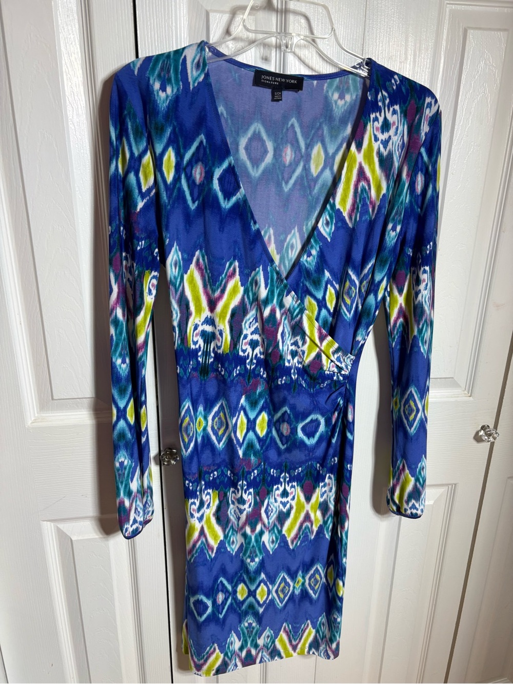 Jones New York Blue Multi-Color Wrap-Style Long Sleeve Dress